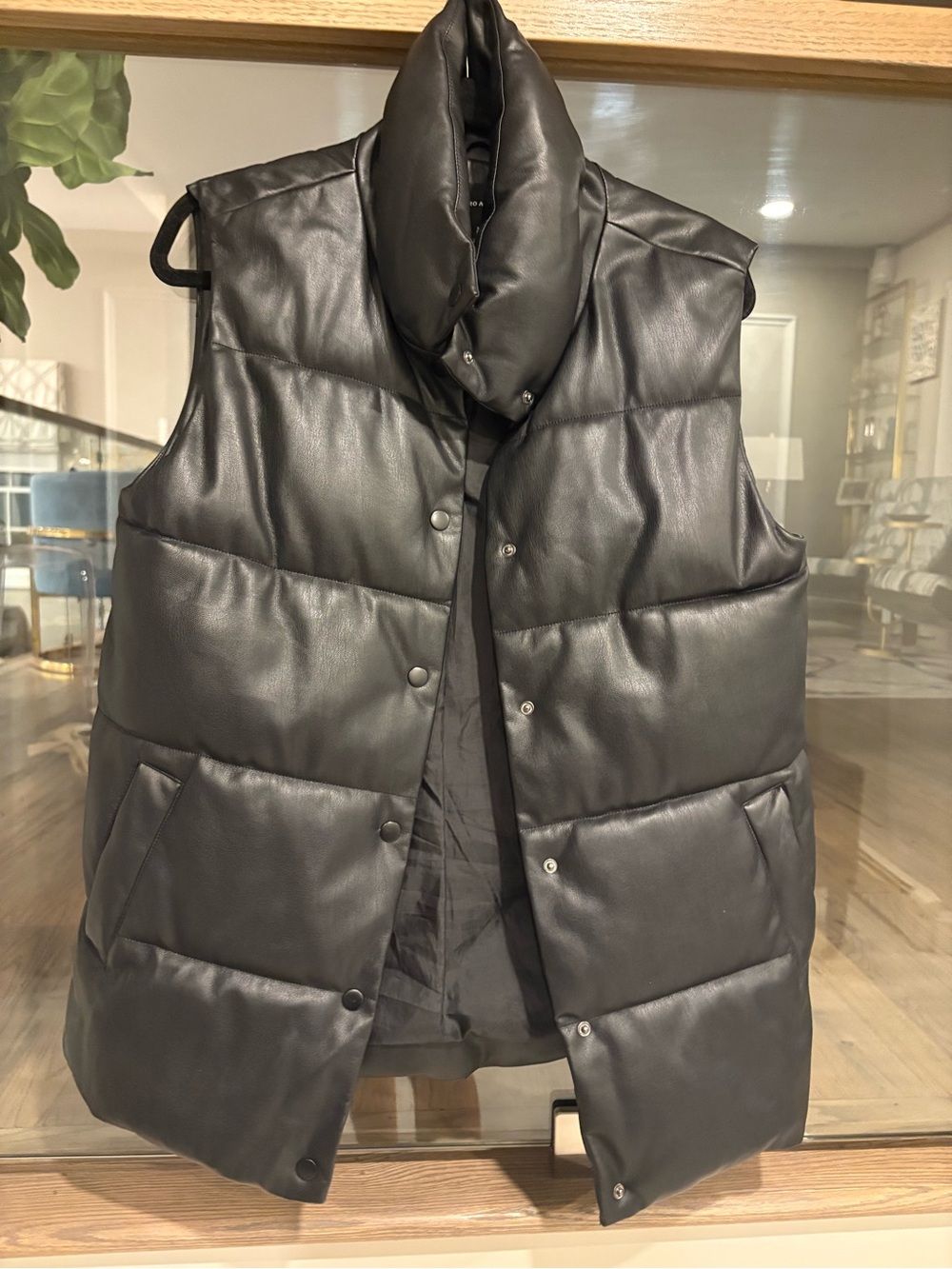 Zara Black Quilted Faux-Leather Puffer Vest - Women